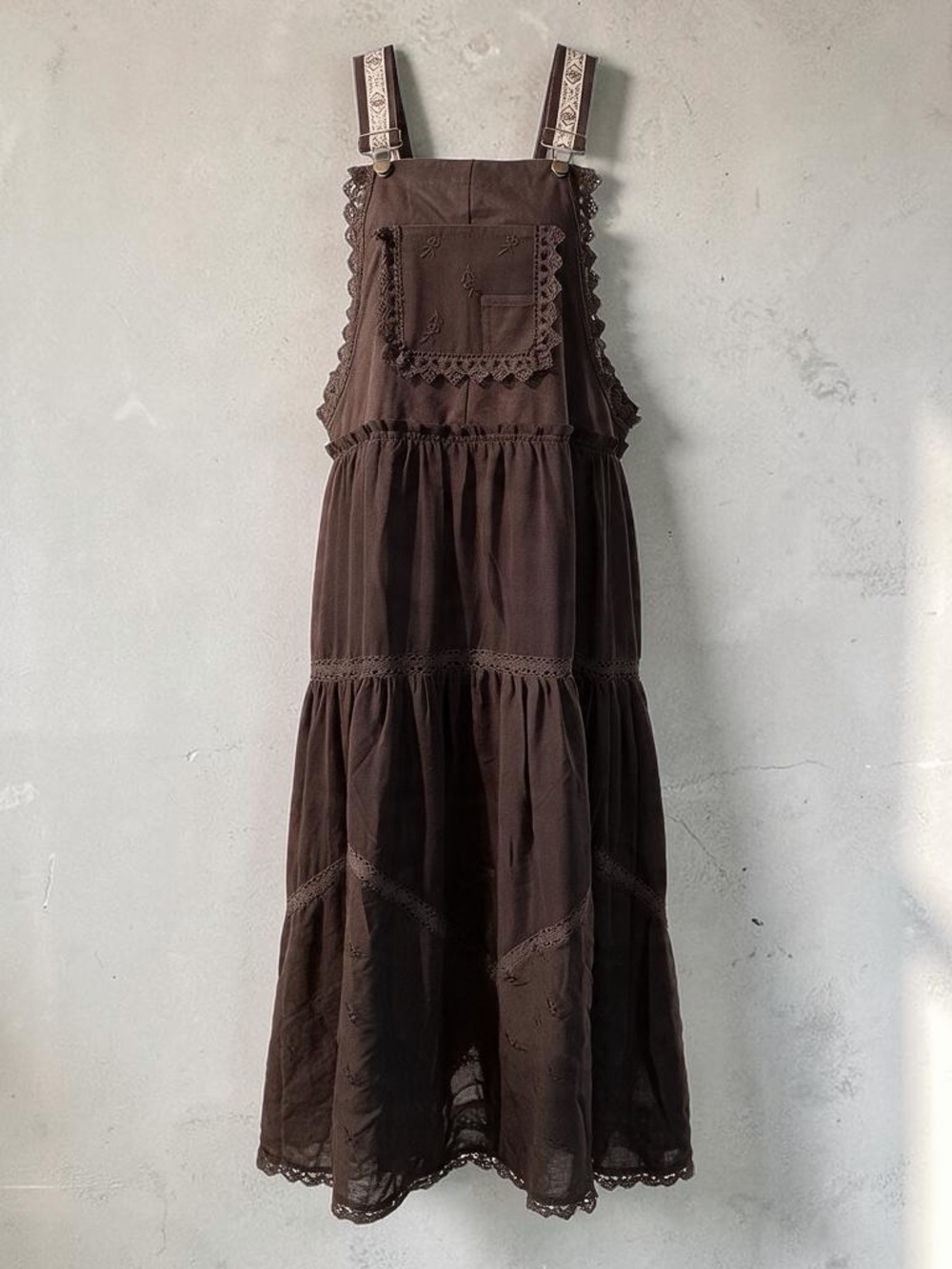 Brown Lace-Trim Pinafore Dress